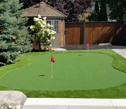 A putting green installed in the backyard of a client's home in Mississauga next to their pool
