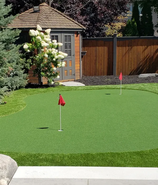 A putting green installed in the backyard of a client's home in Mississauga next to their pool
