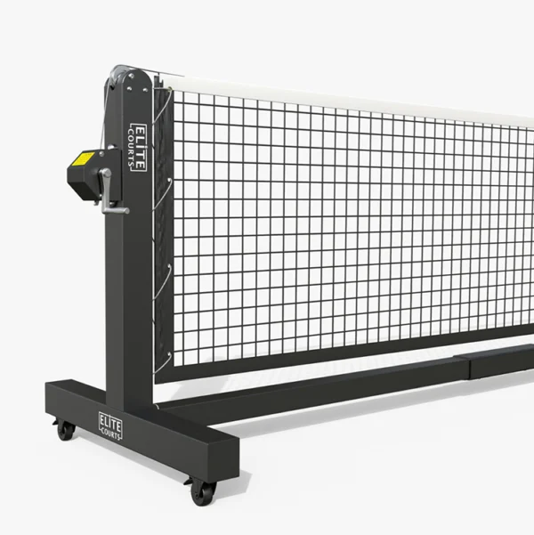 A black Elite Courts branded portable pickleball net post