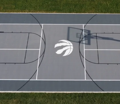 An aerial view of a grey custom Toronto Raptors backyard basketball court installed by Elite Courts.