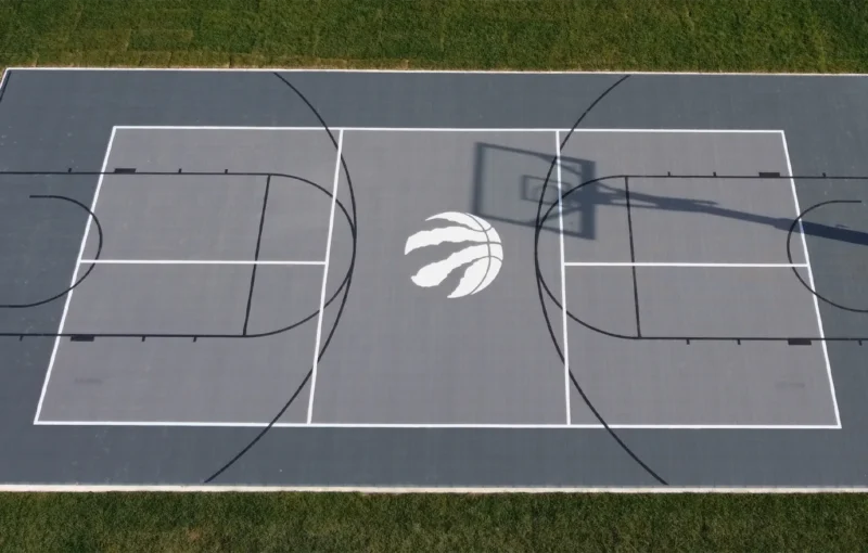 An aerial view of a grey custom Toronto Raptors backyard basketball court installed by Elite Courts.