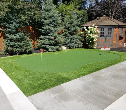 A putting green installed in the backyard of a client's home in Mississauga next to their pool
