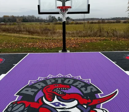 A custom design Toronto Raptors purple and black backyard basketball court with a children size basketball hoop installed by Elite Courts next to a field